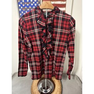 Ralph Lauren Sport Button Front Flannel Shirt Red Black Buffalo Plaid Petite Med